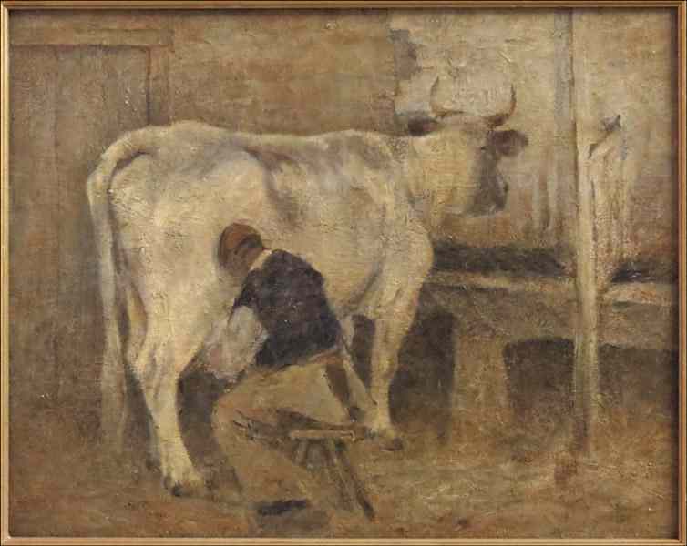 Appraisal: BERTRAM PRIESTMAN - MILKING THE COW Oil on canvas signed