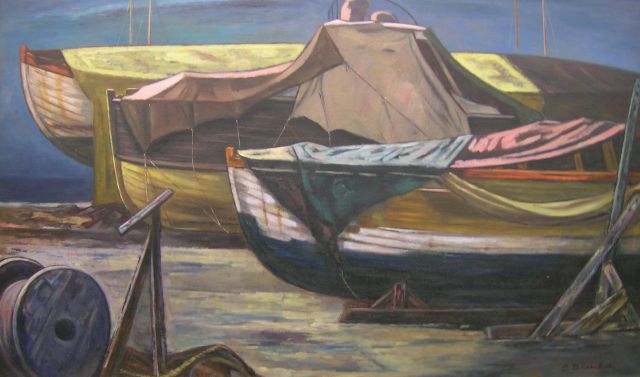 Appraisal: Edmund Brucker - IN x oil on canvas Boats at