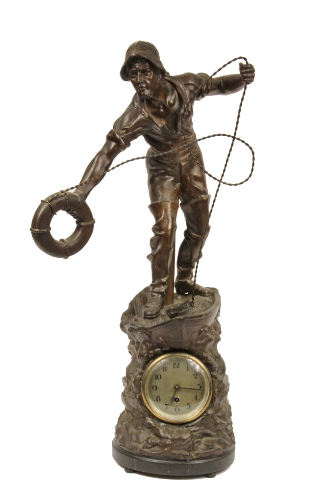 Appraisal: NAUTICAL THEMED CLOCK - Simulated Bronze Spelter Figure of a