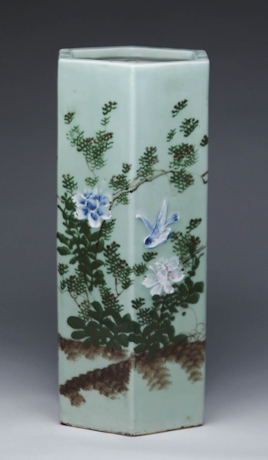 Appraisal: DECORATED CELADON UMBRELLA STAND th Century Decorated with birds flowers