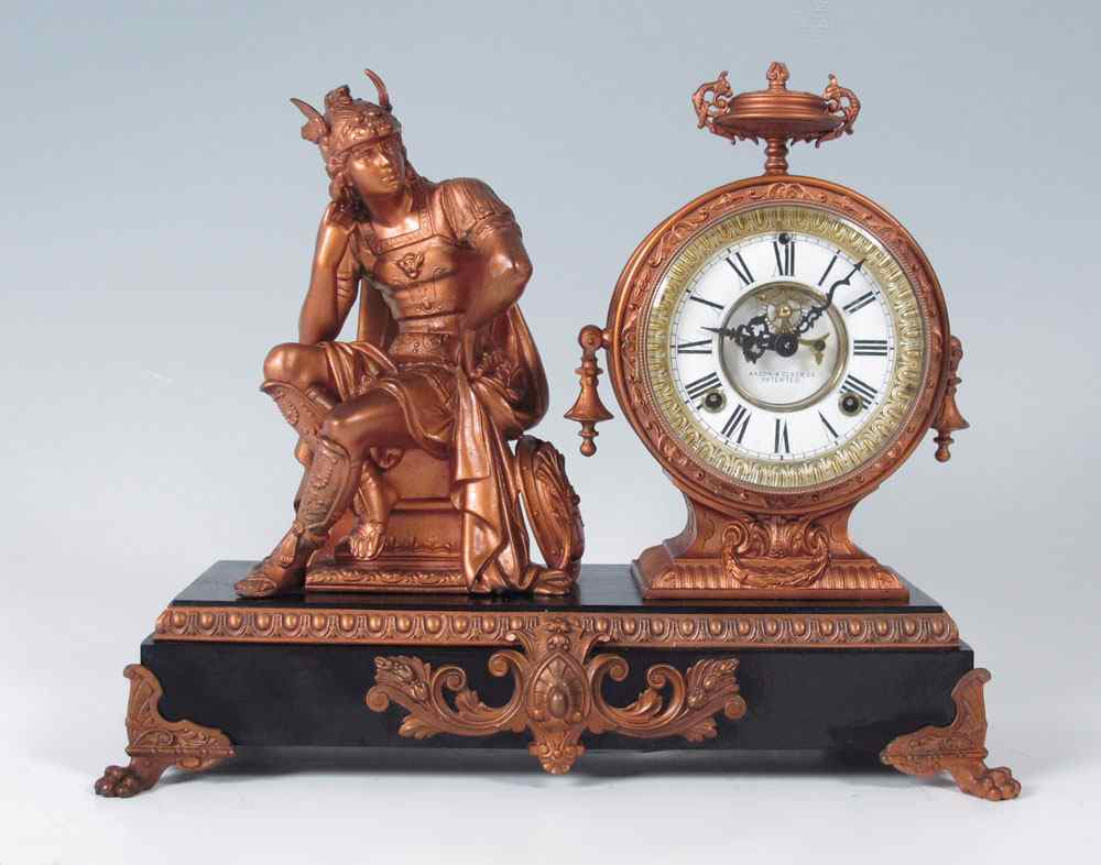 Appraisal: ANSONIA FIGURAL ''MERCURY'' CLOCK Patinated spelter figure of Mercury seated