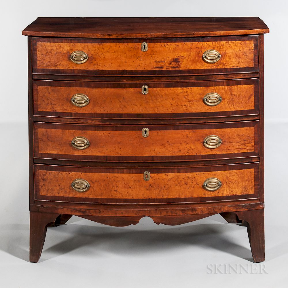 Appraisal: Maple and Bird's-eye Maple Veneer Bow-front Chest of Four Drawers