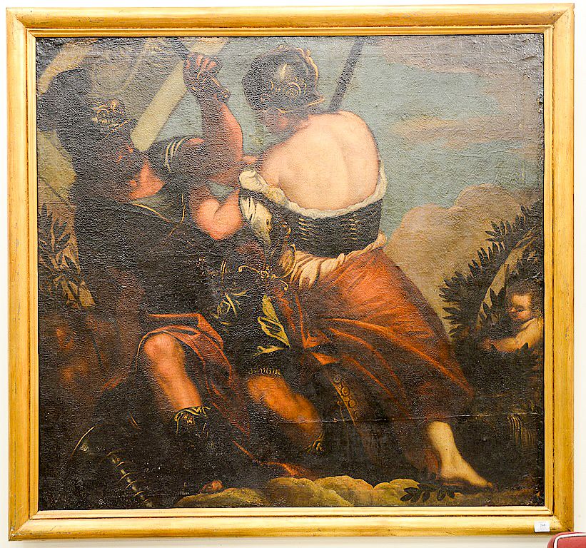 Appraisal: Large Italian School oil on canvas Soldier Fighting a Woman