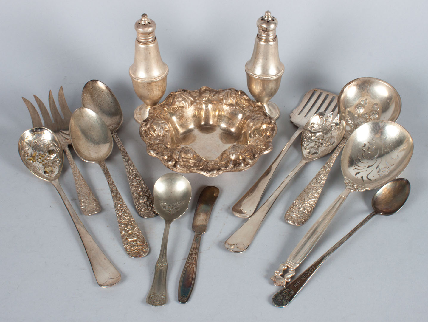 Appraisal: Five sterling silver serving pieces including Stieff serving spoons Georg