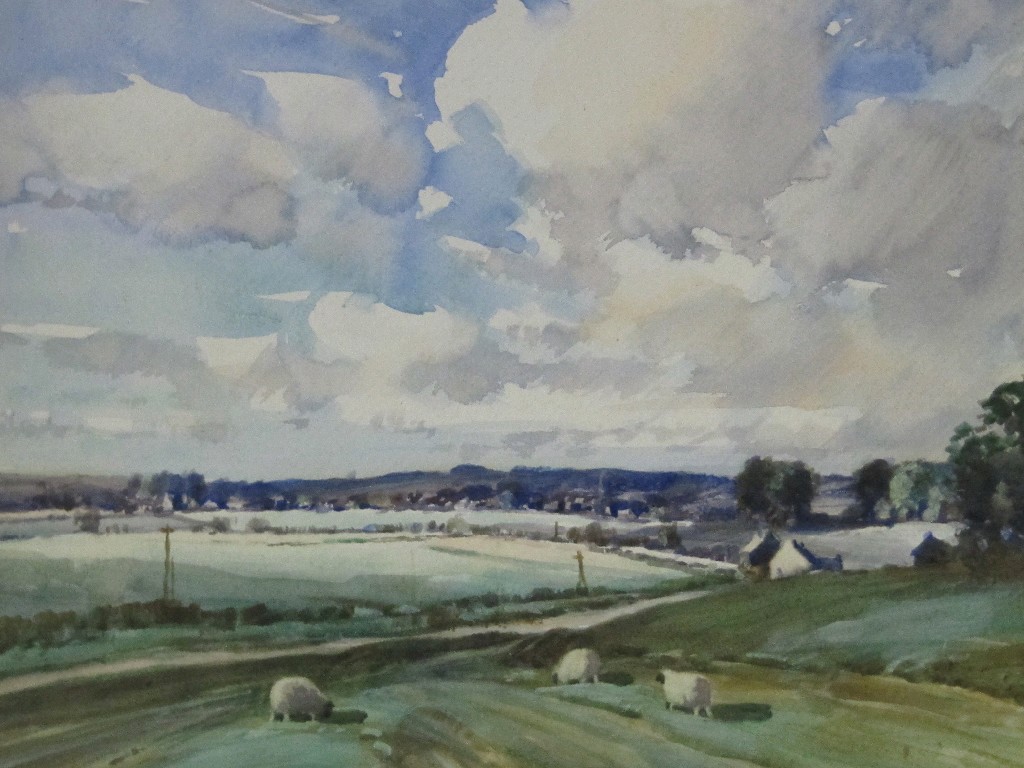 Appraisal: TOM CAMPBELL - Watercolour landscape with sheep signed x