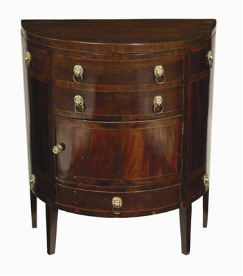 Appraisal: A mahogany demi-lune side cabinet inlaid stringing the associated hinged