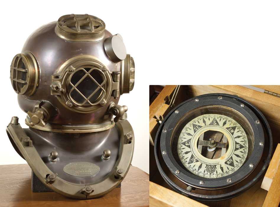 Appraisal: BRASS COPPER DIVING HELMET AND WOOD CASED MARINE COMPASS U