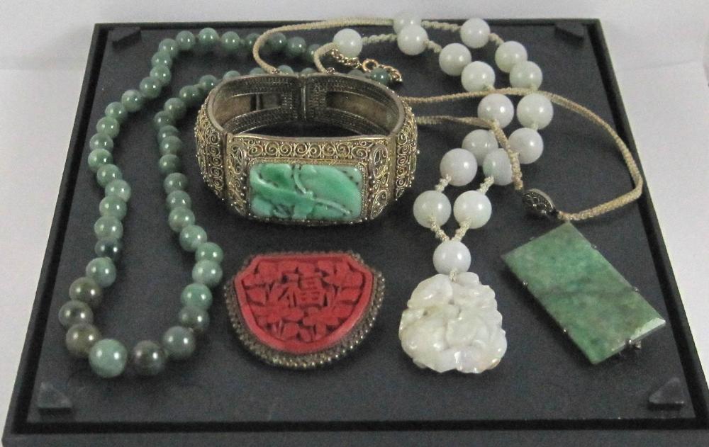 Appraisal: FIVE ARTICLES OF CHINESE HARDSTONE JEWELRY including a filigree style