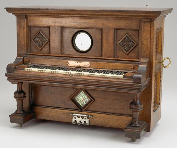 Appraisal: UPRIGHT PIANO MUSIC BOX In walnut with inlay hand-made by