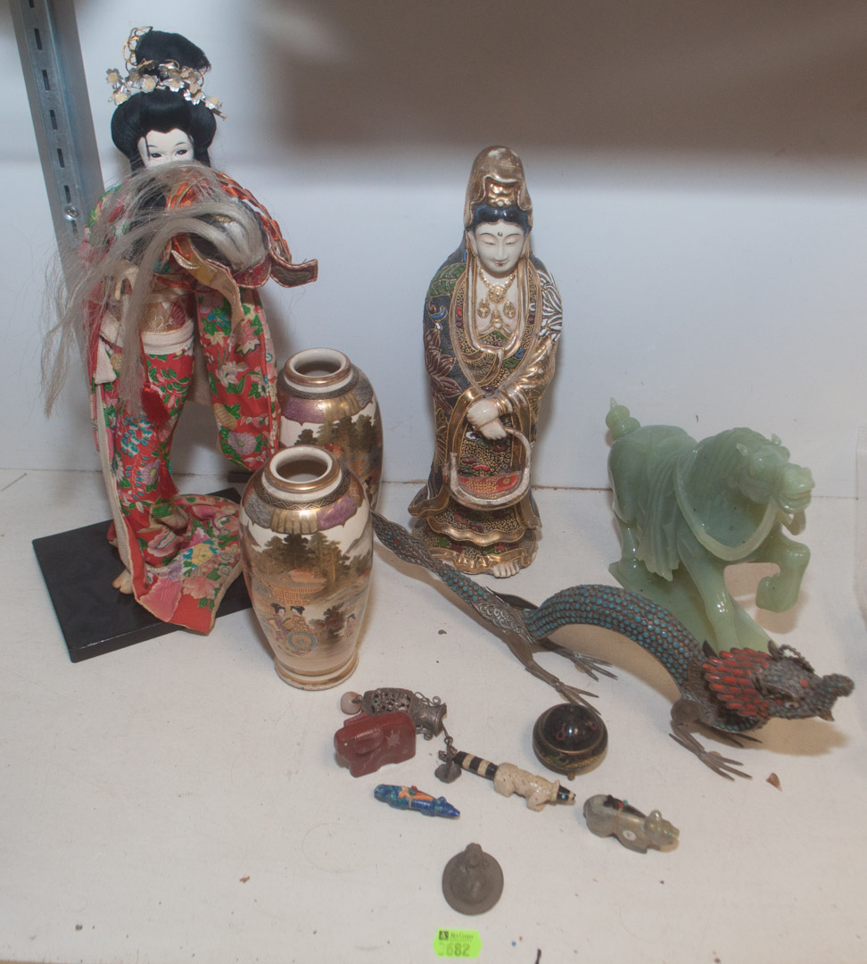 Appraisal: Assortment of items including two oriental figures two oriental vases