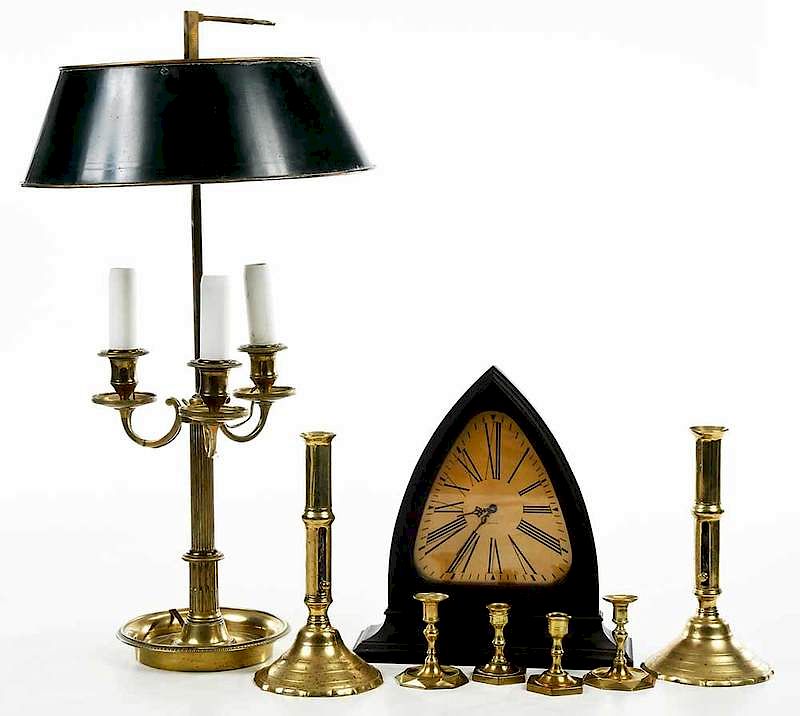 Appraisal: Assorted Desk Items Lamp Clock Candlesticks three candle arm bouillote