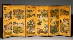 Appraisal: ANTIQUE JAPANESE SIX PANEL SCREEN Antique Japanese painted and gilt