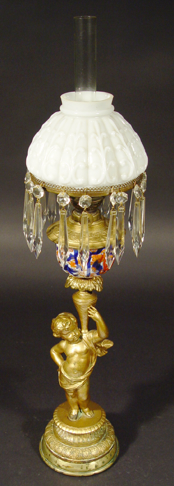 Appraisal: Gilt metal oil lamp with Japanese Imari porcelain reservoir supported