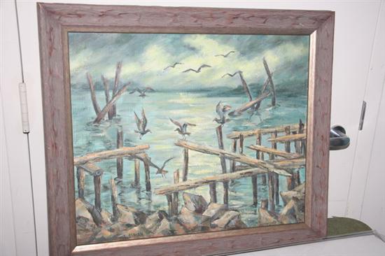 Appraisal: SALLY OSBURN WOLFE American born SEAGULLS ON PILINGS AGAINST STORMY