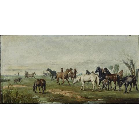 Appraisal: Josef Mathauser - PFERDEHERDE MIT HIRTEN WILD HORSES STUDY FOR