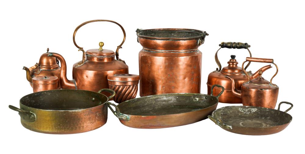 Appraisal: GROUP OF COPPER COOKWAREcomprising a French two-handled round saute pan