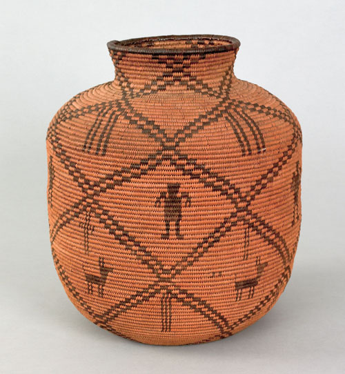 Appraisal: Apache coiled basketry olla ca decorated with human and deer