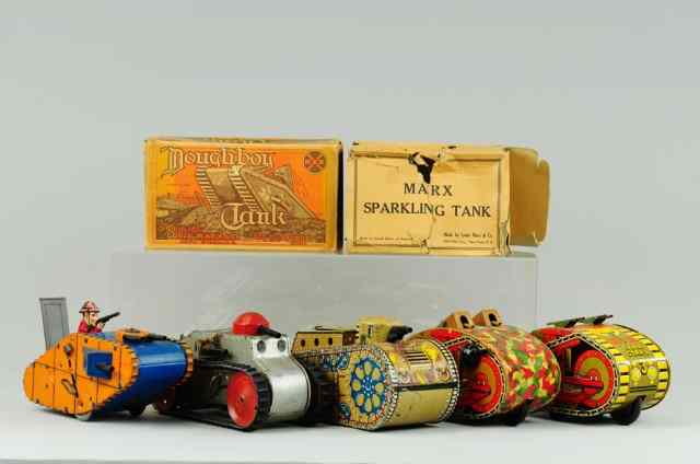 Appraisal: GROUPING OF TOY TANKS Marx examples including tin lithographed Sparkling