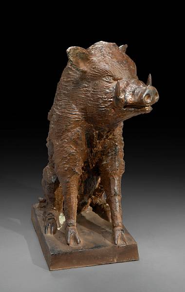 Appraisal: A cast iron model of a boar Modeled seated on