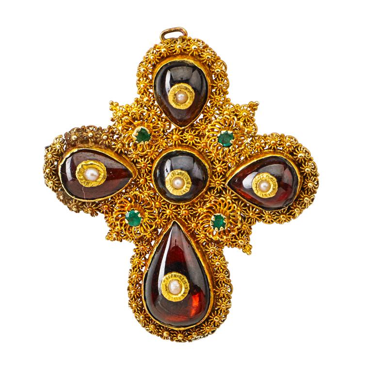 Appraisal: YELLOW GOLD CANNETILLE GEM-SET CROSS BROOCH Cannetille gold bezel set