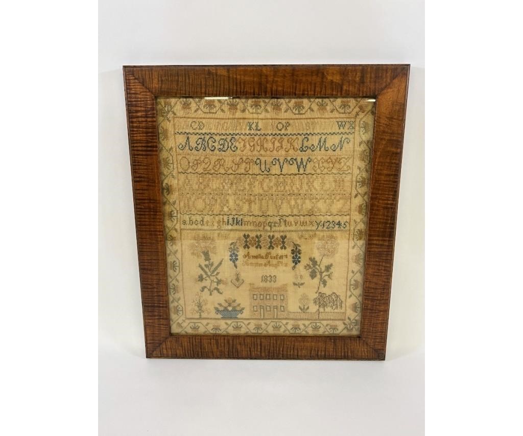 Appraisal: Silk on linen New Jersey sampler wrought by Amelia Pursel