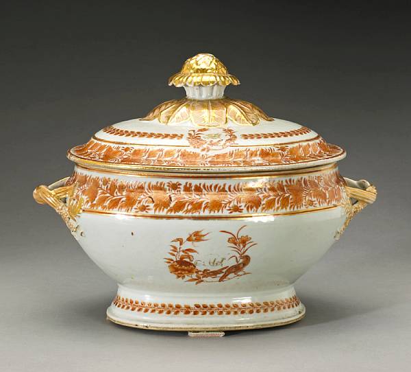 Appraisal: A coral and gilt enameled export porcelain covered soup tureen