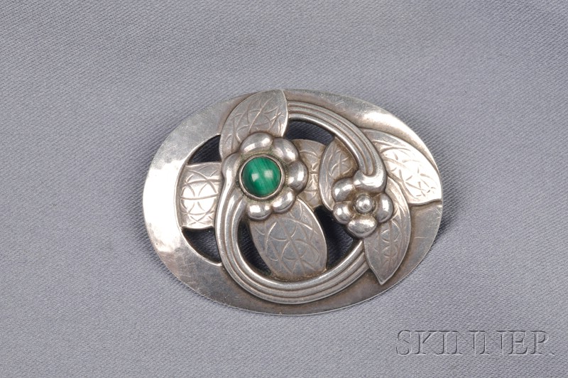 Appraisal: Sterling Silver and Malachite Brooch Georg Jensen designed as floral