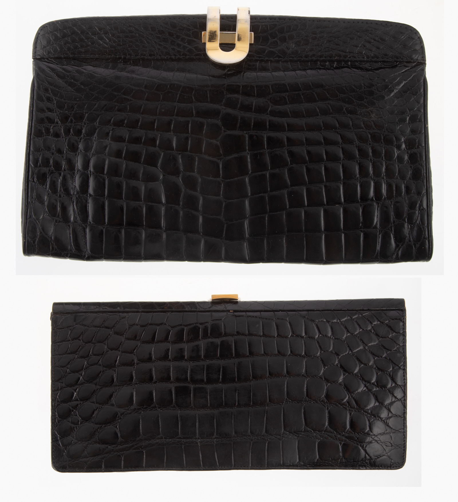 Appraisal: TWO BLACK ALLIGATOR CLUTCHES largest is in H in W