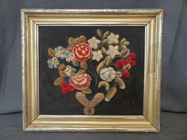 Appraisal: Antique plush work embroidered picture on black silk mounted and