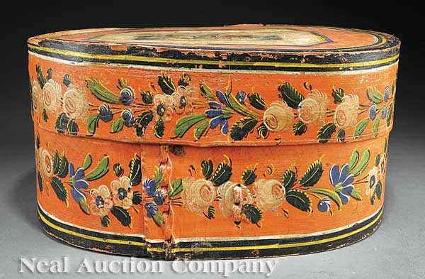 Appraisal: A Continental Painted Bandbox th c the top with transfer