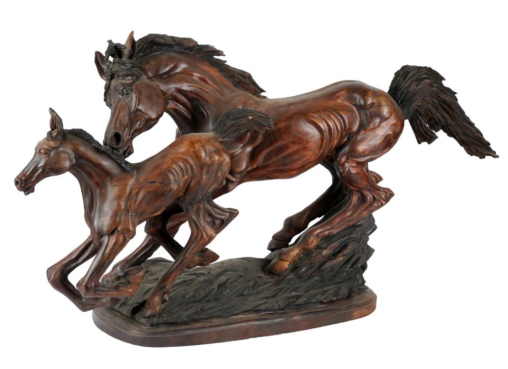 Appraisal: CARVED WOOD FIGURAL GROUP OF TWO RUNNING HORSESsigned and dated