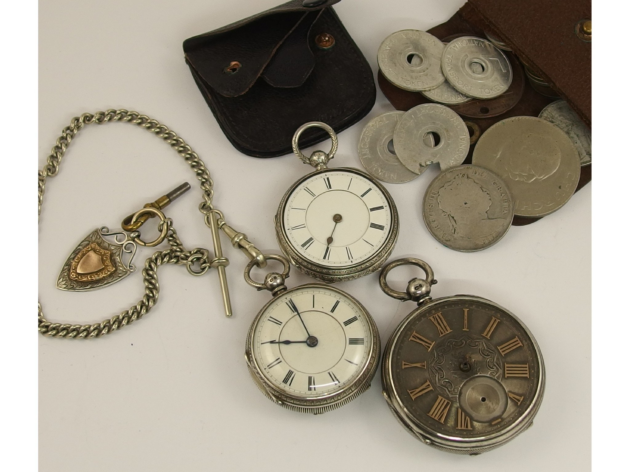 Appraisal: Three silver pocket watches a silver fob chain and some