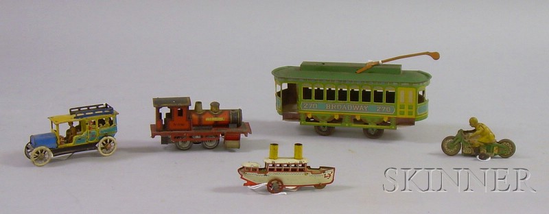 Appraisal: Five Small Lithographed Tin Toy Vehicles a steamship motorcycle town