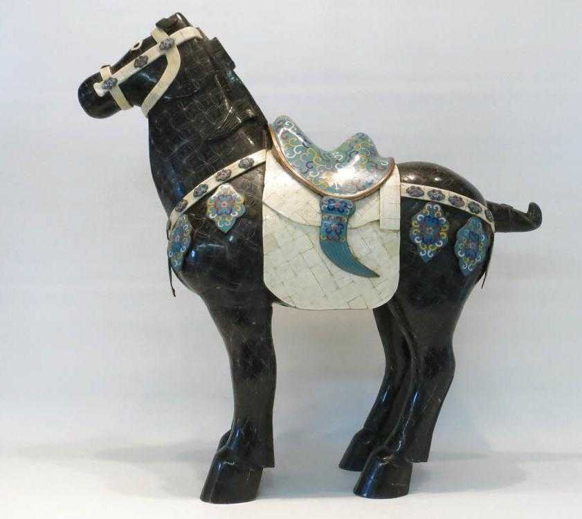 Appraisal: CHINESE CLOISONNE AND BLACK LACQUER HORSE with applied bone and