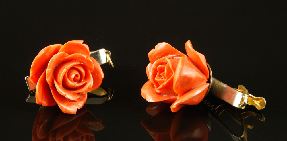 Appraisal: - Pr Carved Coral Rose Clips Pair of carved coral