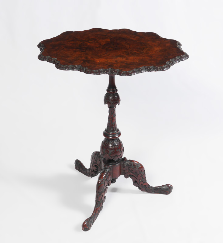 Appraisal: CARVED BURL WOOD SIDE TABLE Early th century scalloped burl