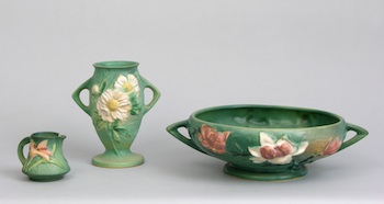 Appraisal: Three Aqua Background Roseville Items Including Zephyr Lily White Rose