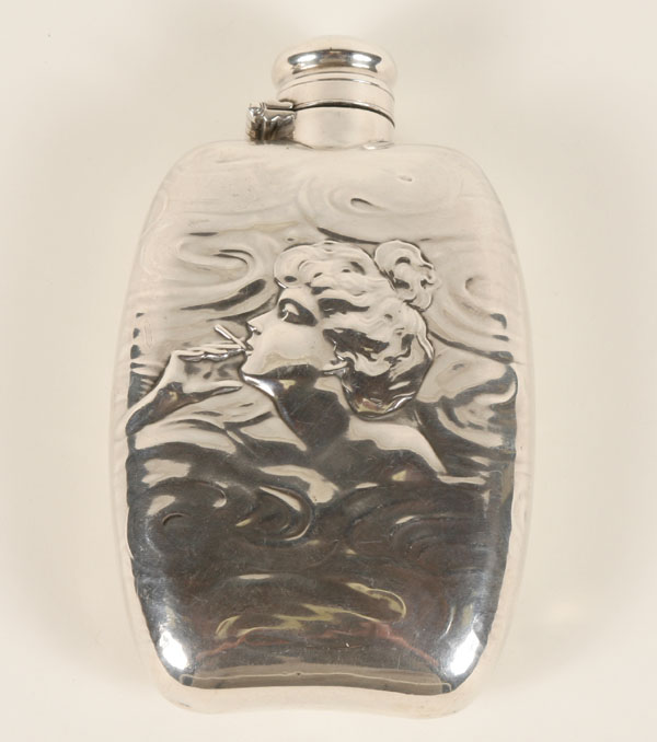 Appraisal: Art Nouveau sterling flask Unger Bros attributed The flask depicts