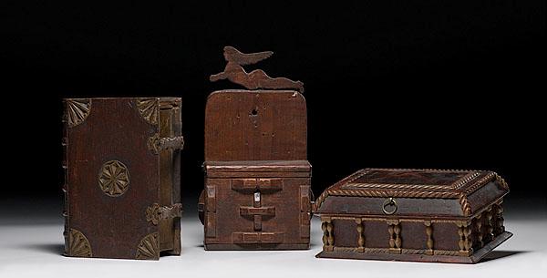 Appraisal: THREE FOLKY CARVED BOXES American late th to early th