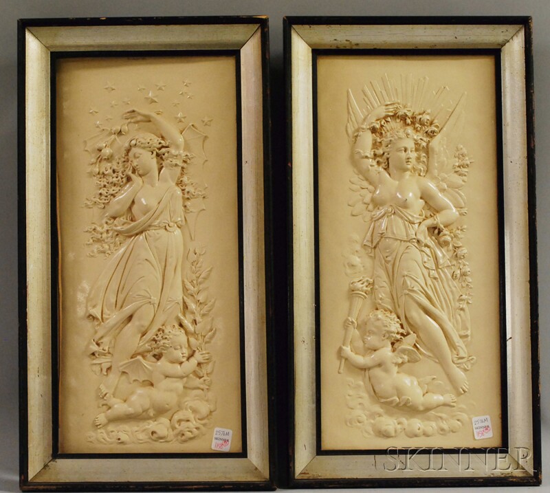 Appraisal: Pair of Framed Classical Plaster Bas Relief Plaques Dawn and