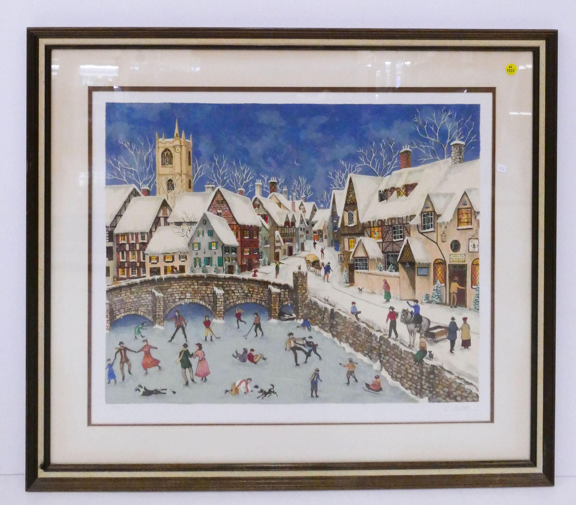 Appraisal: C Eaton Winter Village Scene S N Serigraph Gallery Framed-