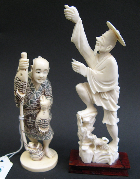 Appraisal: TWO CHINESE IVORY CARVED FIGURES a fisherman fish in each