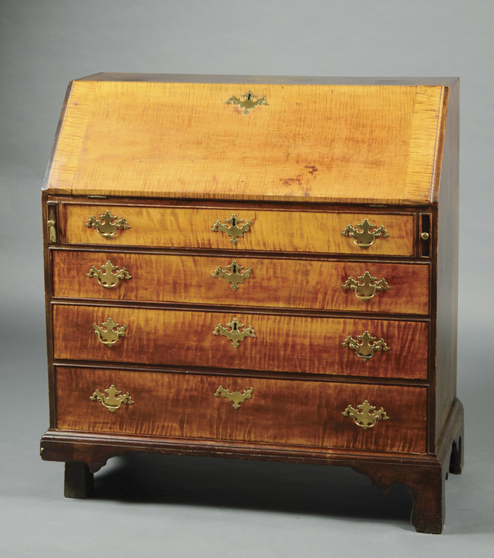 Appraisal: CHIPPENDALE SLANT FRONT TIGER MAPLE AND WALNUT DESK American late