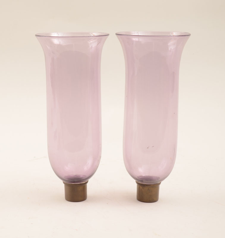 Appraisal: Pair of Lavender Glass Hurricane Shades With brass collars x