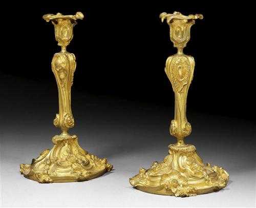 Appraisal: PAIR OF GILT BRONZE CANDLE HOLDERS late Louis XV Paris