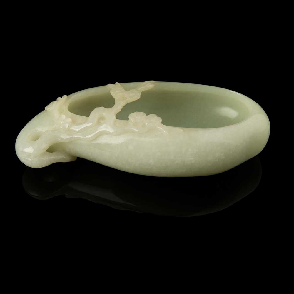 Appraisal: PALE CELADON JADE 'PRUNUS' BRUSH WASHER QING DYNASTY TH CENTURY