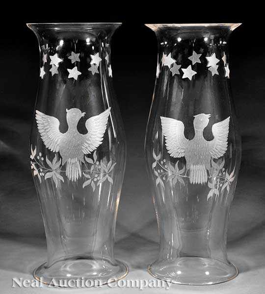 Appraisal: A Pair of American Etched Glass Hurricane Shades th c