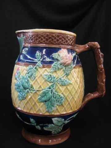 Appraisal: Majolica Pottery Pitcher rose lattice decor cobalt trim ''