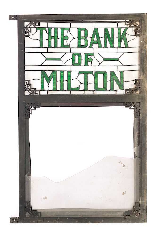 Appraisal: Bank of Milton Bronze Leaded Glass Bank Clock Door Good