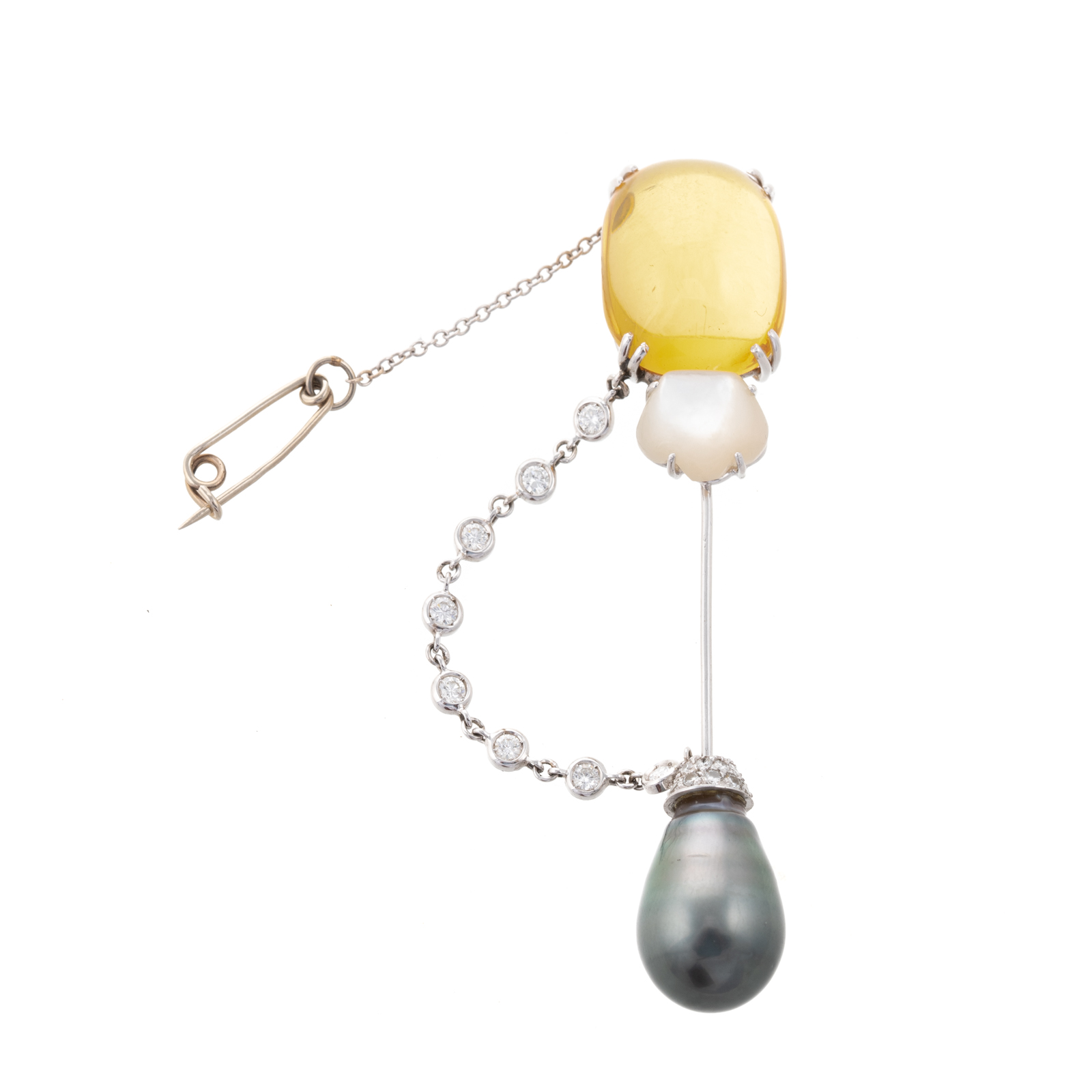 Appraisal: AN K WHITE GOLD CITRINE TAHITIAN PEARL JABOT PIN K